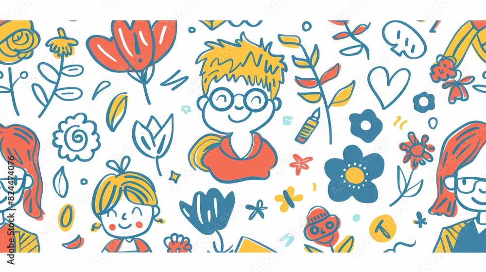 Playful Children Pattern with Educational Icons and Florals
