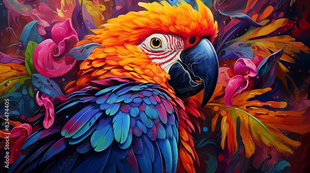 Obraz premium fantasy colorful abstract macaw parrot wallpaper. Generative AI