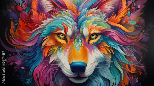 Colorful abstract vibrant wolf on black background. Generative AI © SALEEM