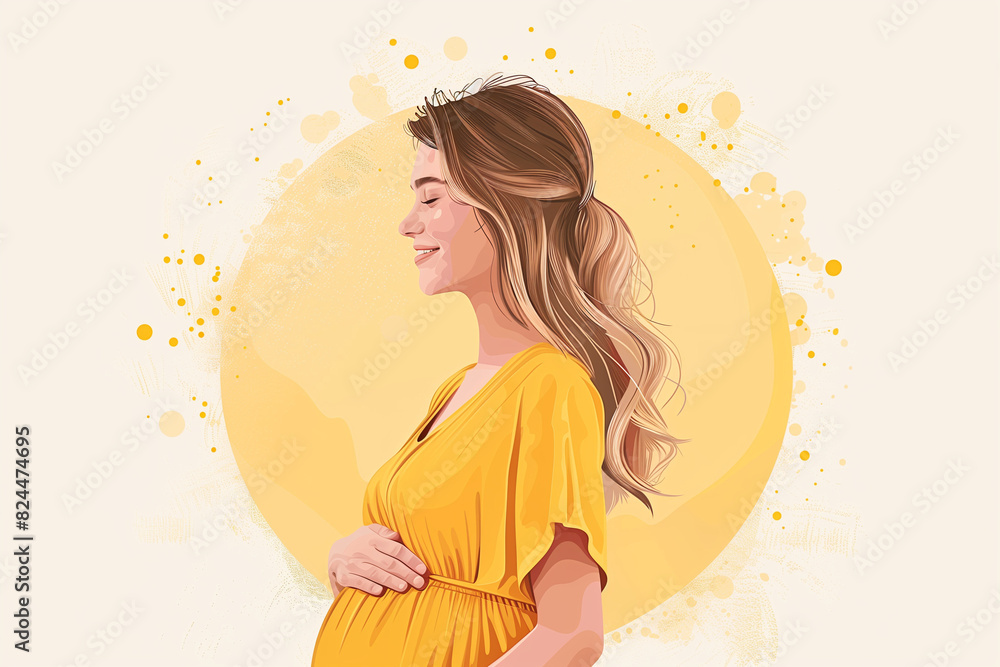 Vector graphic of a cute and happy pregnant Caucasian woman in a yellow dress, flat design with simple shapes and minimalistic style. She has long blonde hair, a fair skin tone Vector graphic of a cute and happy pregnant Caucasian woman in a yellow dress, flat design with simple shapes and minimalistic style. She has long blonde hair, a fair skin tone