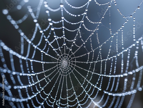 17. Macro photo of a dew-covered spider web, intricate patterns and water droplets, crystal clear and high detail