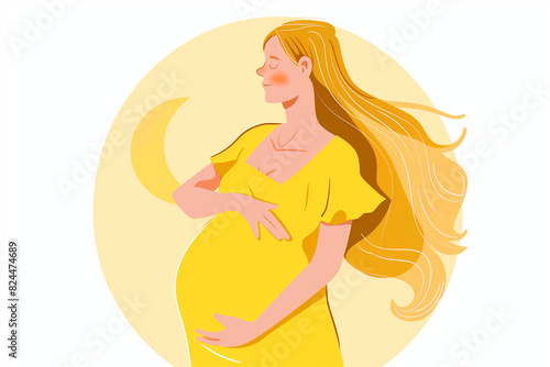 Vector graphic of a cute  happy pregnant Caucasian woman with long blonde hair in a yellow dress  surrounded by a soft yellow circle. The flat design uses simple shapes and soft pastel colors