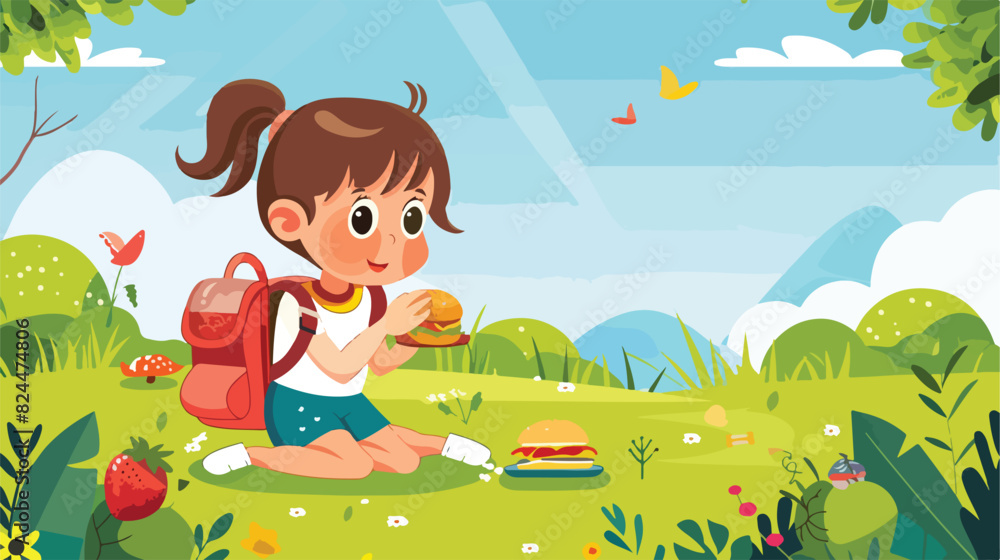 Cute little girl having school lunch outdoors Vector
