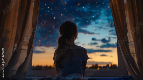 And as night falls and stars adorn the sky, the girl remains at the window, a silent observer of the world, finding peace in the stillness of the night.