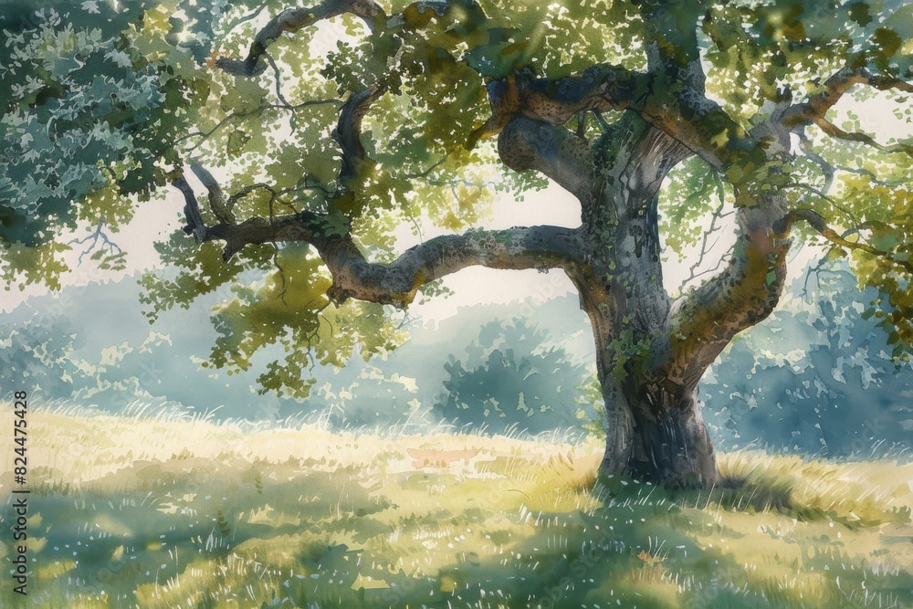 A peaceful landscape with a majestic tree casting shadows on a sunny meadow, showcasing nature's tranquility and beauty. A peaceful landscape with a majestic tree casting shadows on a sunny meadow, showcasing nature's tranquility and beauty.