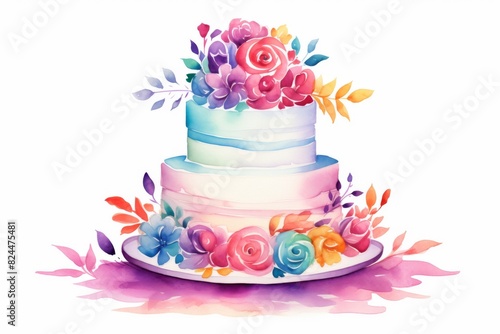 A vibrant watercolor illustration of a two-tiered cake decorated with colorful flowers  perfect for celebrations and special occasions.