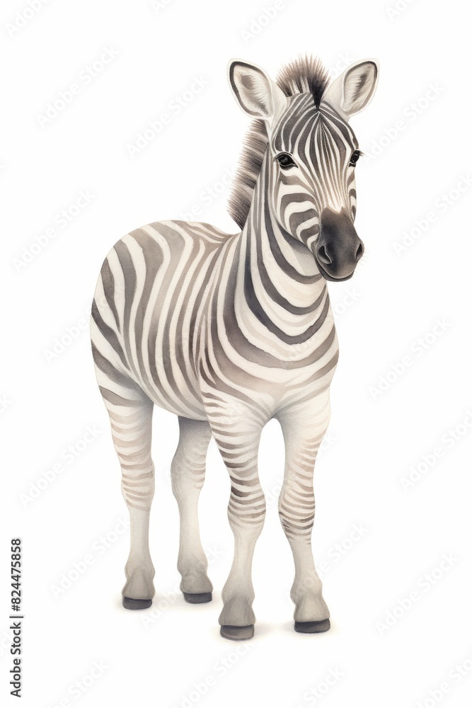 Fototapeta premium Close-up of a majestic zebra standing on a white background showcasing its unique black and white stripes.