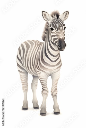 Close-up of a majestic zebra standing on a white background showcasing its unique black and white stripes.