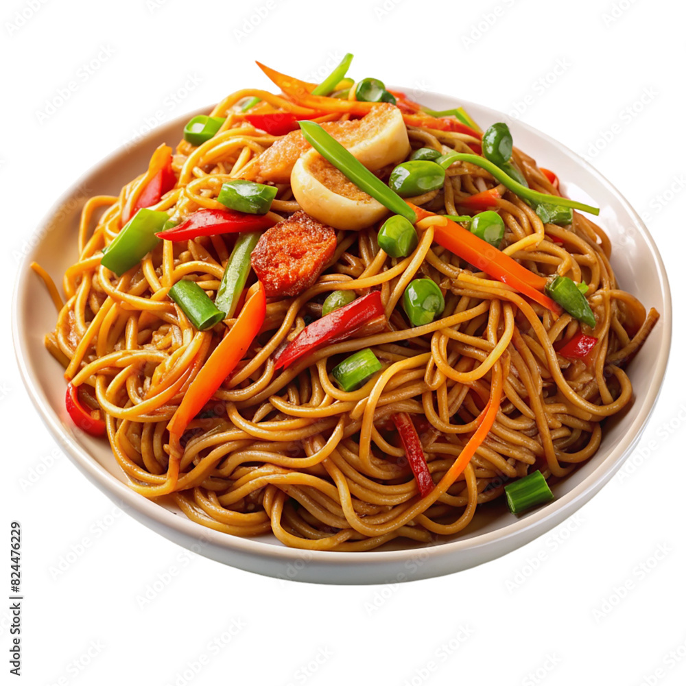A bowl of noodles with vegetables and shrimp on transparent background A bowl of noodles with vegetables and shrimp on transparent background