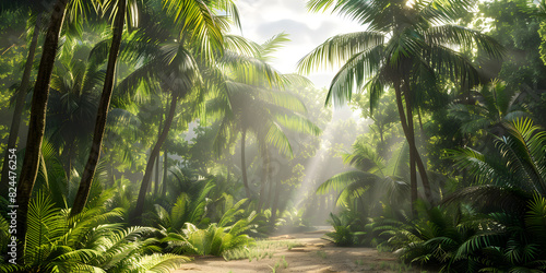 Jungle  beautiful rainforest in the fog  palm trees in the haze  jungle in the morning in the fog  3D rendering.  