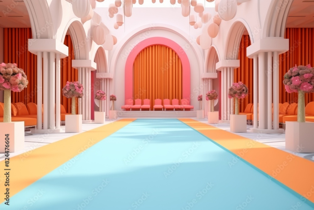 Fototapeta premium Modern event space with vibrant colors and elegant decorations, featuring a blue runway, arched structures, and floral arrangements.