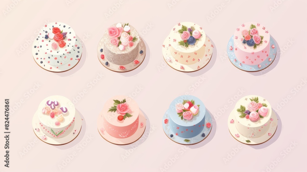 A collection of beautifully decorated cakes in various pastel colors and floral designs, perfect for celebrations and special occasions. A collection of beautifully decorated cakes in various pastel colors and floral designs, perfect for celebrations and special occasions.