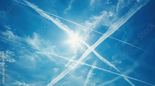 Bright sun with airplane contrails crisscrossing a clear blue sky photo