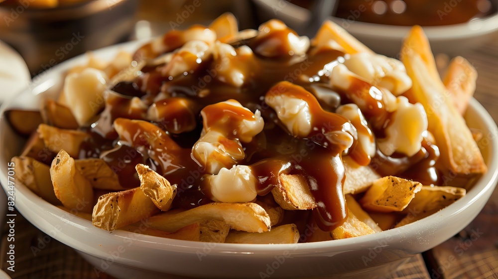 Close-up of poutine, a canadian dish made with french fries, cheese curds, and gravy, in a white bowl Close-up of poutine, a canadian dish made with french fries, cheese curds, and gravy, in a white bowl