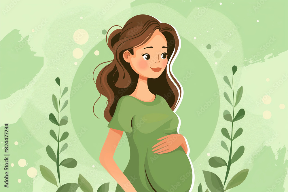 Vector graphic of a cute and happy pregnant Latina woman in a geen dress, flat design with simple shapes and minimalistic style. She has wavy brown hair, a medium skin tone Vector graphic of a cute and happy pregnant Latina woman in a geen dress, flat design with simple shapes and minimalistic style. She has wavy brown hair, a medium skin tone