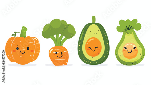 Cute vegetables with fun faces. Happy food characters