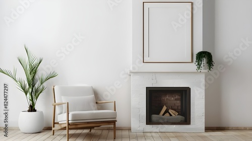 Interior of a Scandinavian living room fireplace mantel with a blank frame mockup on the wall and white minimalist chairs and plants  photo