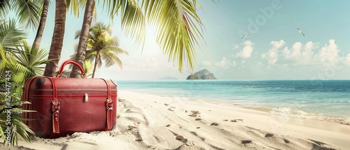 Red suitcase on a tropical beach with palm trees and clear blue water  perfect scene for travel and vacation concepts.