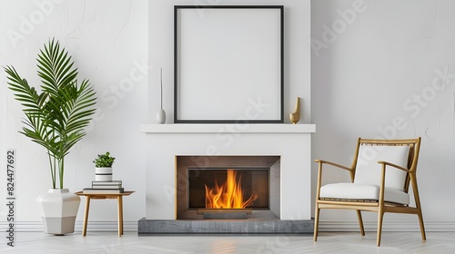 Interior of a Scandinavian living room fireplace mantel with a blank frame mockup on the wall and white minimalist chairs and plants  photo