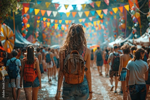 Rear view girl visit and has fun on summer festival, fair, and outdoor events with vibrant colors and joyful crowds photo