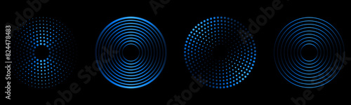 Sound pulsation circles set. Vector illustration of radio waves isolated on black background.