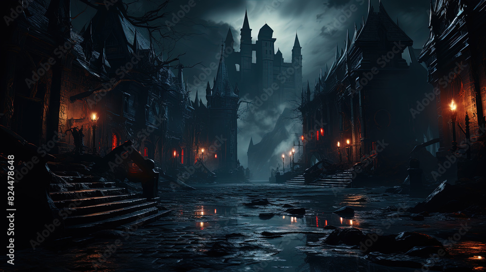 An Ancient Spooky Gothic Castle During Foggy Night Time Landscape Background An Ancient Spooky Gothic Castle During Foggy Night Time Landscape Background