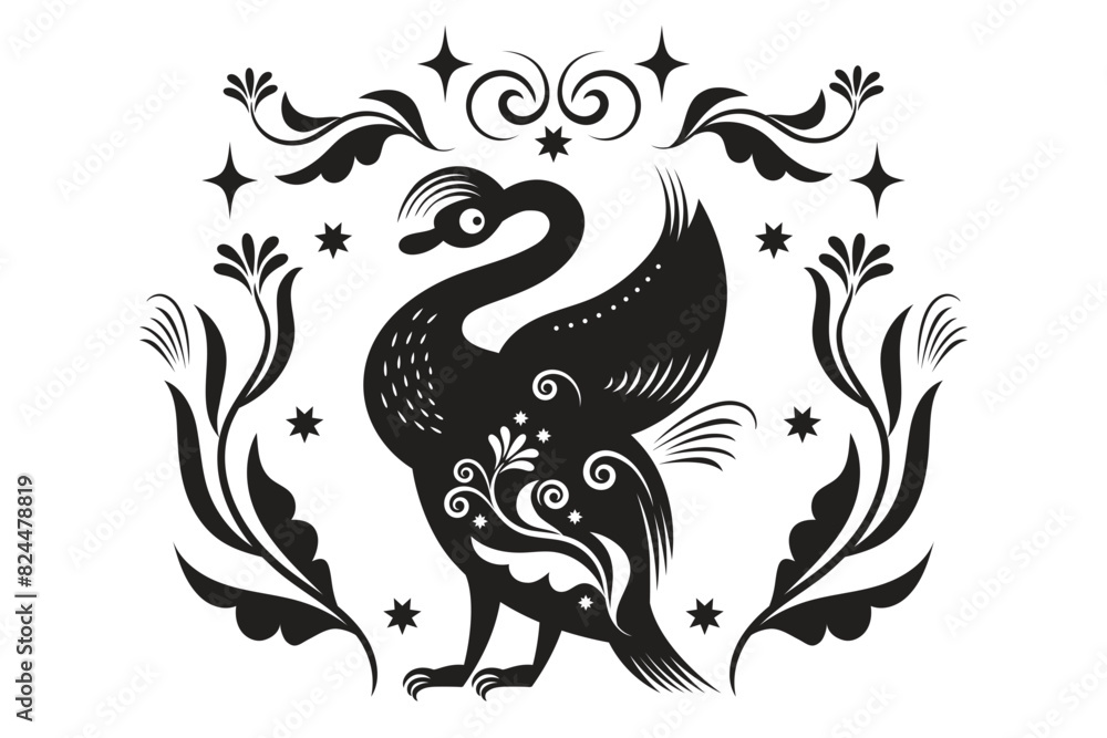 Fototapeta premium vector black and white illustration of Fiction bird, rooster, chick, Folk Art, linocut style, animalistic ornament