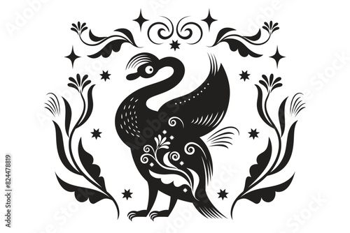 vector black and white illustration of Fiction bird, rooster, chick, Folk Art, linocut style, animalistic ornament