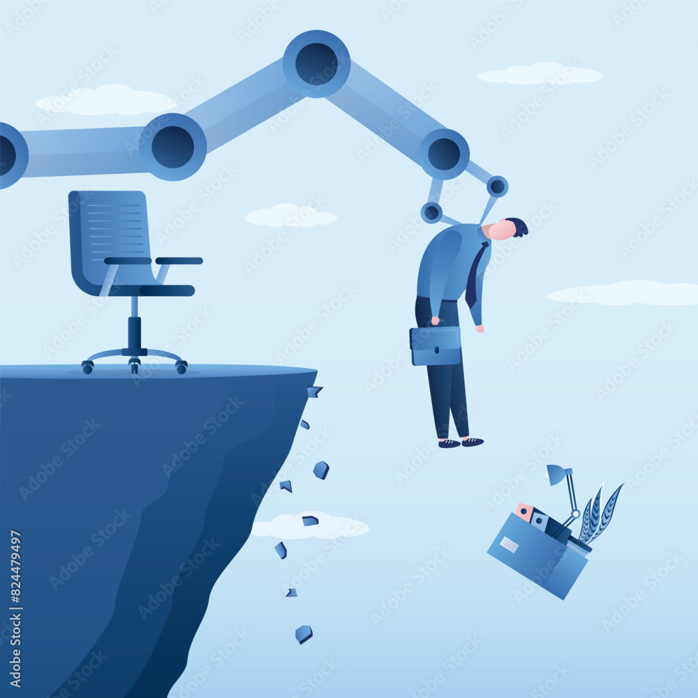 Giant robotic arm kick off businessman from cliff down, artificial ...