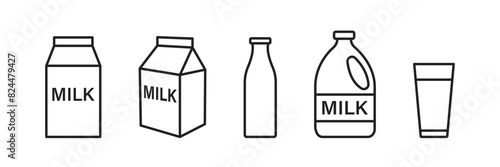Milk icons set. Packages of milk. Contain carton, glass, bottle. Vector illustration.