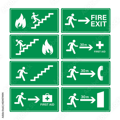 Green fire safety and emergency icons set. Collection of fire danger signs and equipment. Meeting point. Human pictograms with emergency assembly area, first aid symbol.