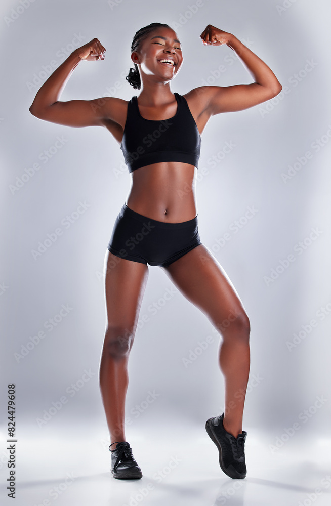 Studio, black woman and happy with flex for fitness, bicep and strong muscle by mockup. Female model, arm strength and bodybuilder in white background for training, exercise and results for goal Studio, black woman and happy with flex for fitness, bicep and strong muscle by mockup. Female model, arm strength and bodybuilder in white background for training, exercise and results for goal