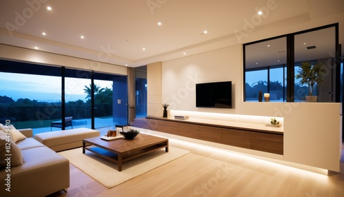minimalistic design style a living room with a large couch during the night