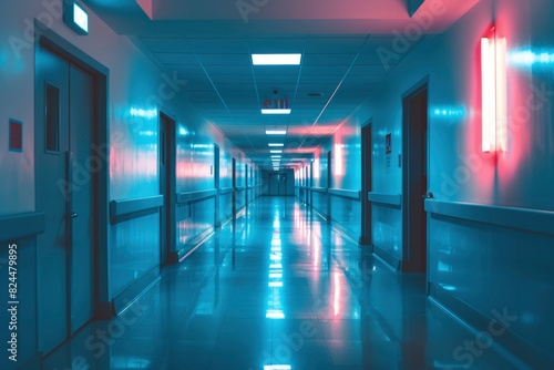 Futuristic Hospital Corridor with Neon Lighting and Reflective Floors