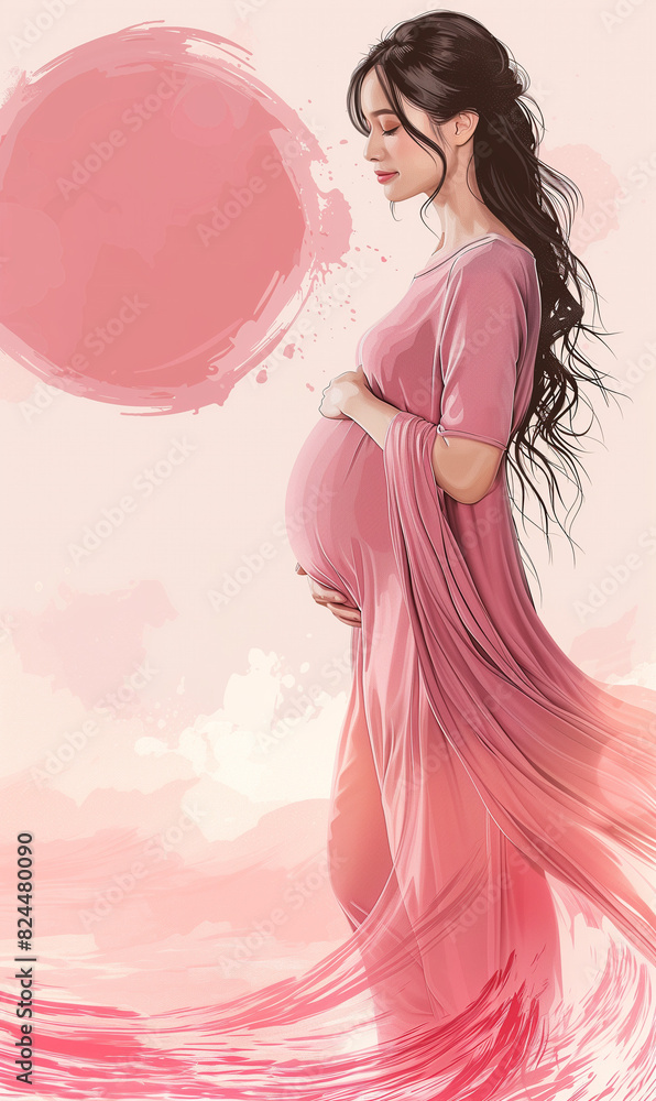 Vector graphic of a pregnant woman with long black hair and a pink dress, depicted in a flat design with simple shapes and minimalistic style. She has a white skin tone and a pink circle behind her