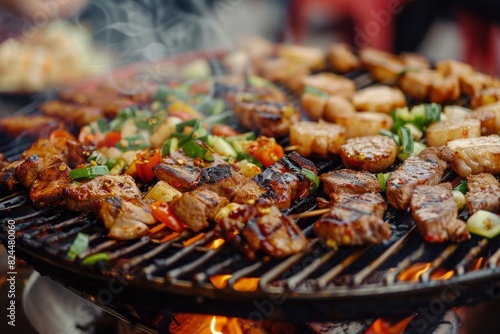 Sizzling Barbecue Feast with Succulent Grilled Meat and Fresh Vegetables Over Open Flames