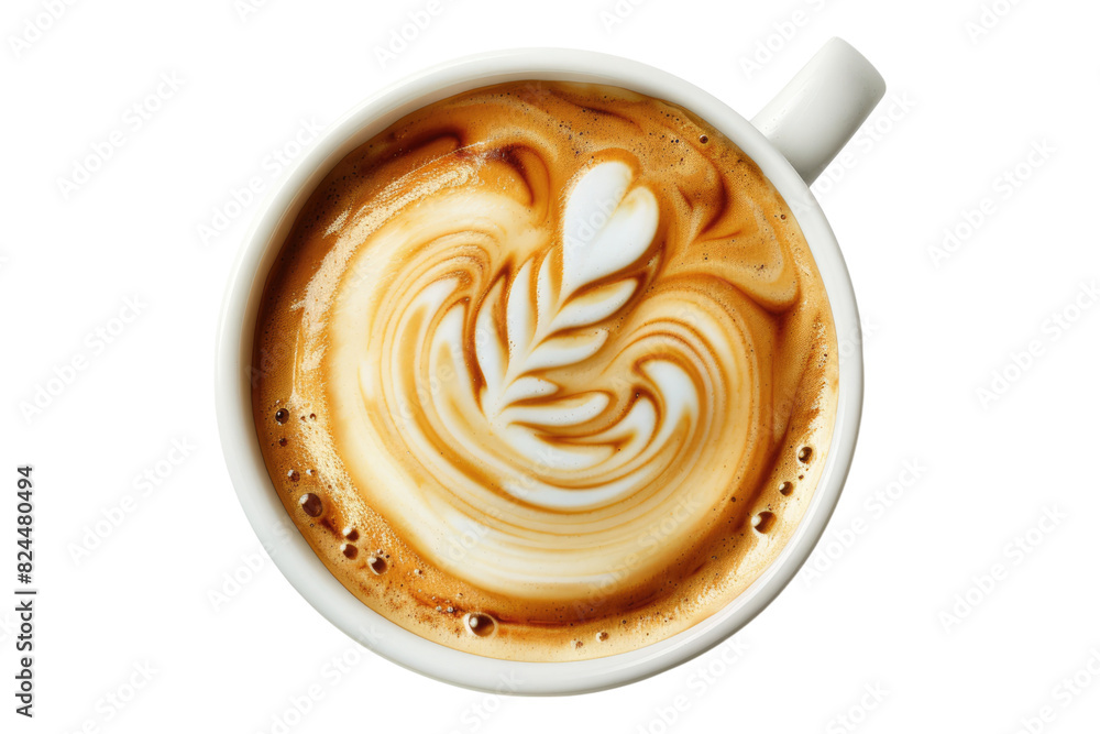 top view of coffee cappuccino spiral milk isolated on white background top view of coffee cappuccino spiral milk isolated on white background