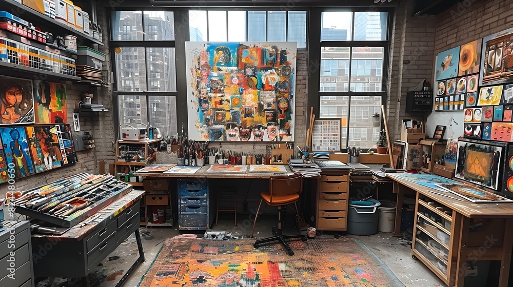 Vibrant Canvas in a Creative Studio An Colorful Workspace