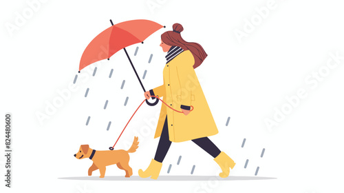 Pet owner walking with cute dog in rain. Woman 