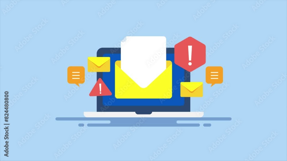 Email message spam warning, spamming mail inbox on laptop screen conceptual video animation. Email message spam warning, spamming mail inbox on laptop screen conceptual video animation.