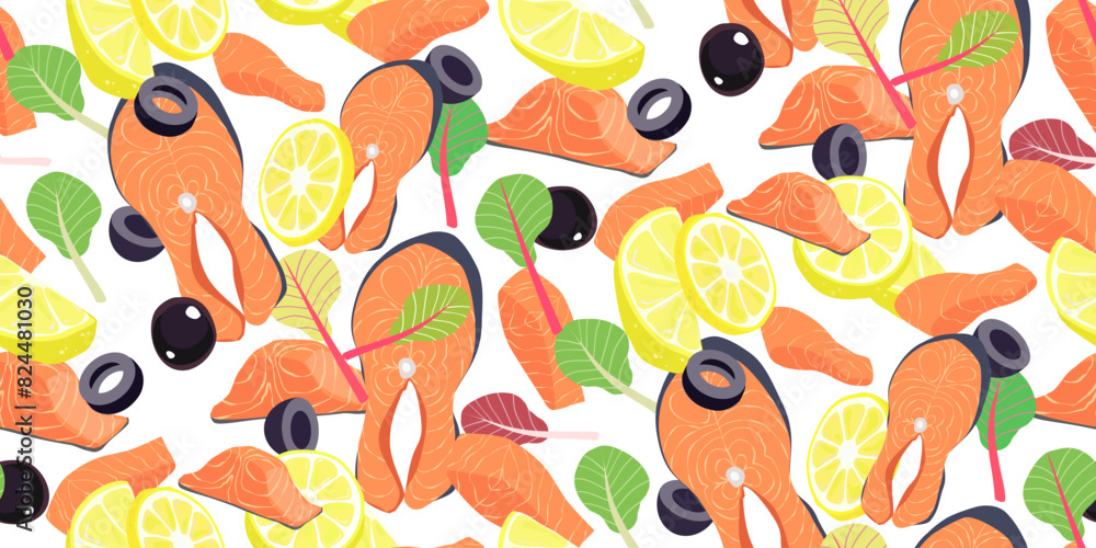 Steak of red fish, olive, lemon. Appetizer food. Ingredients set in flat style seamless pattern. Shrimp meat. Seafood for restaurant, sushi bar menu, poster. Healthy and tasty food ideas. Vector Steak of red fish, olive, lemon. Appetizer food. Ingredients set in flat style seamless pattern. Shrimp meat. Seafood for restaurant, sushi bar menu, poster. Healthy and tasty food ideas. Vector