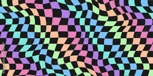 Wavy groovy checker vector background. Holographic trippy rhombus geometric seamless pattern. 1970s abstract psychedelic cell print background.