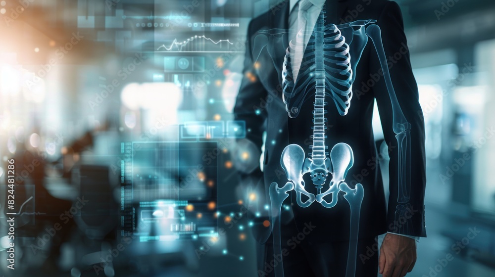 Businessman on blurred background using digital x-ray human body scan, 3D rendering interface