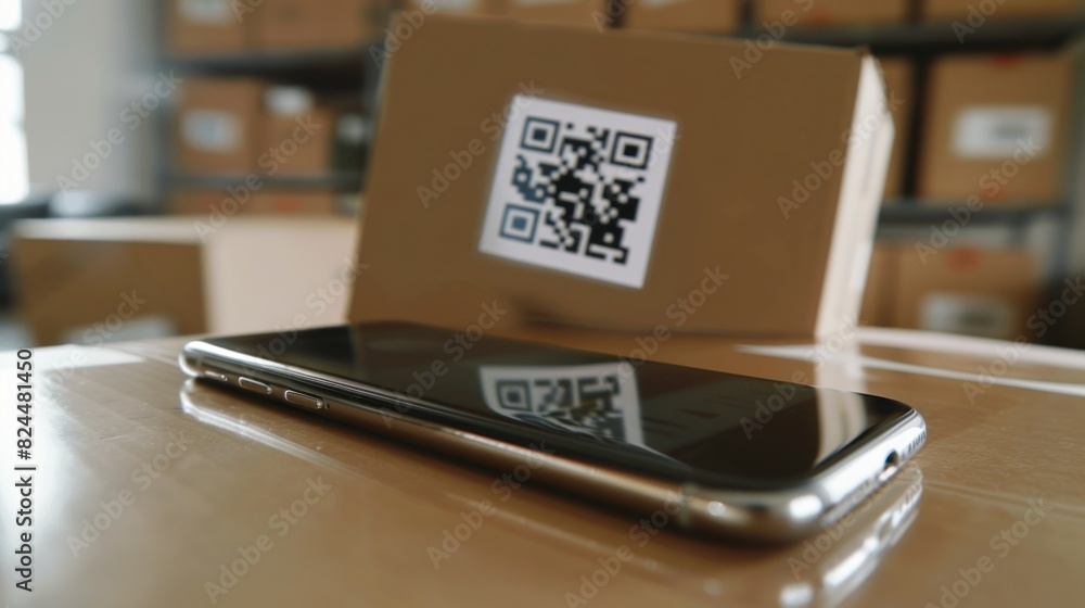 Close up of qr code on screen phone display to locate a cardboard box Close up of qr code on screen phone display to locate a cardboard box