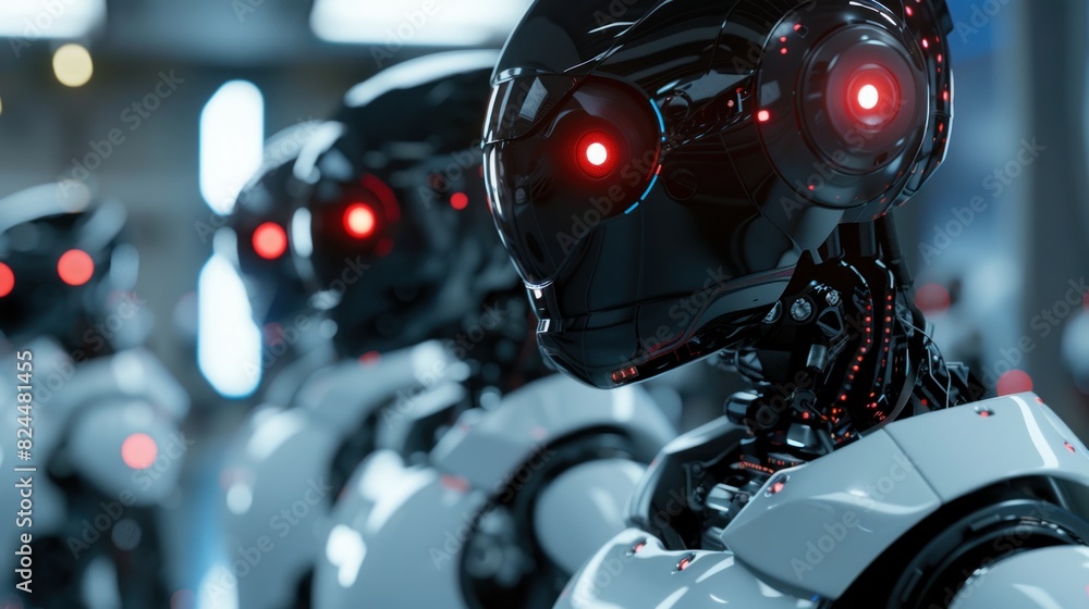 Close-up 3D rendering of droid AI research and cyborg development to design people's future digital data mining Close-up 3D rendering of droid AI research and cyborg development to design people's future digital data mining