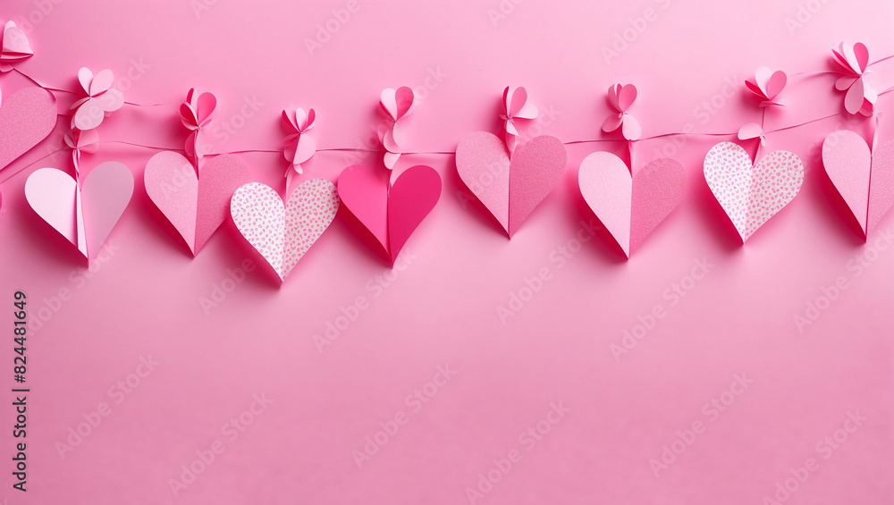 Pink paper hearts of various sizes are hanging on a string against a pink background.

