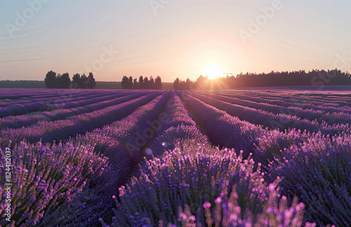 A lavender field under the setting sun  with rows of purple flowers creating an enchanting and serene landscape. Created with Ai