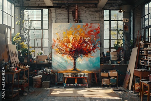 Vibrant Abstract Tree Painting in a Creative LightFilled Studio photo