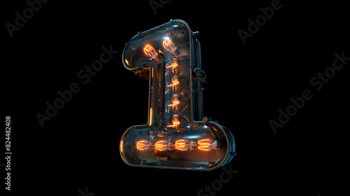 The number  1  is made of glowing light bulbs  with an industrial style with orange lights on the surface of its numbers