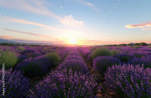 Beautiful lavender flower field at sunset  a panoramic view of the endless sea of purple flowers in summer. The sky is blue and white clouds float gently above. Created with Ai